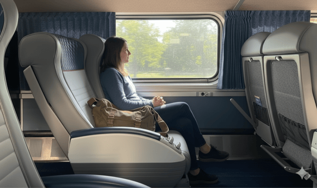 Business Class Seating - Extra legroom and complimentary beverages on Amtrak trains
