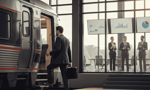 Business professional working on laptop during train travel with corporate discount