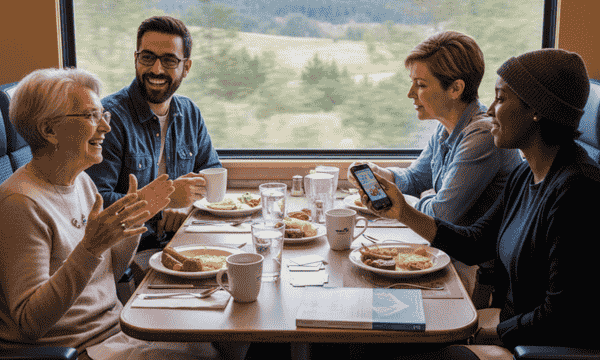 Large group traveling together by train with special group discounts