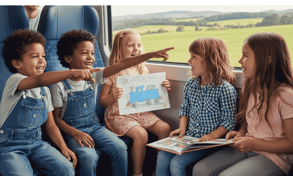 Happy family with children on a train adventure with 50% off for kids