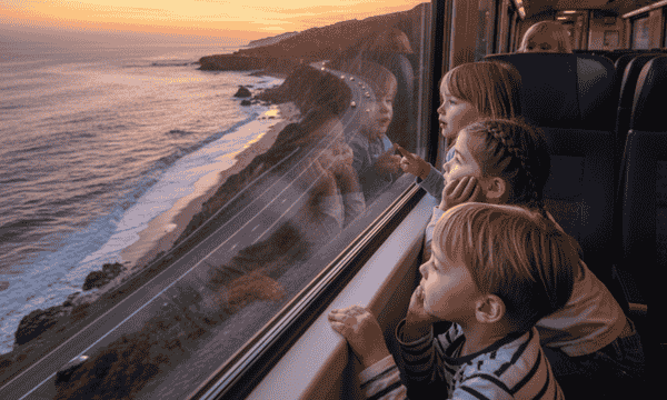 Family with children enjoying special kids activities on train journey