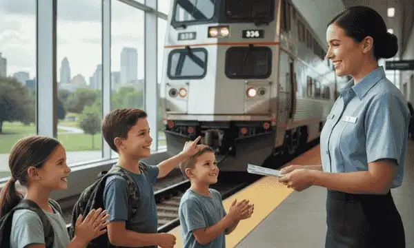 Children of military families enjoying train travel