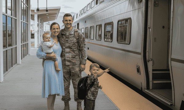 Military family traveling by train with special 10% discount