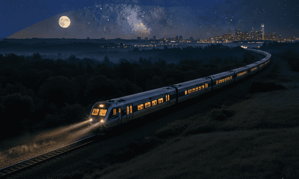 Train traveling at night under starry sky with special night departure discounts