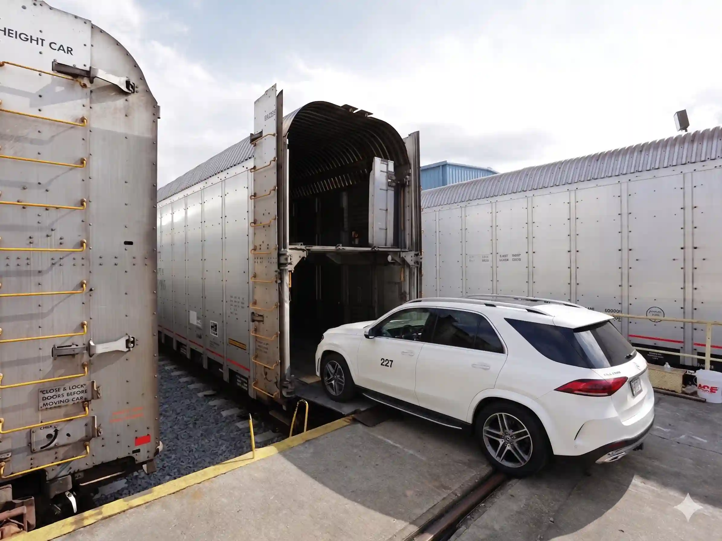 Car loading onto Amtrak Auto Train carrier ramp