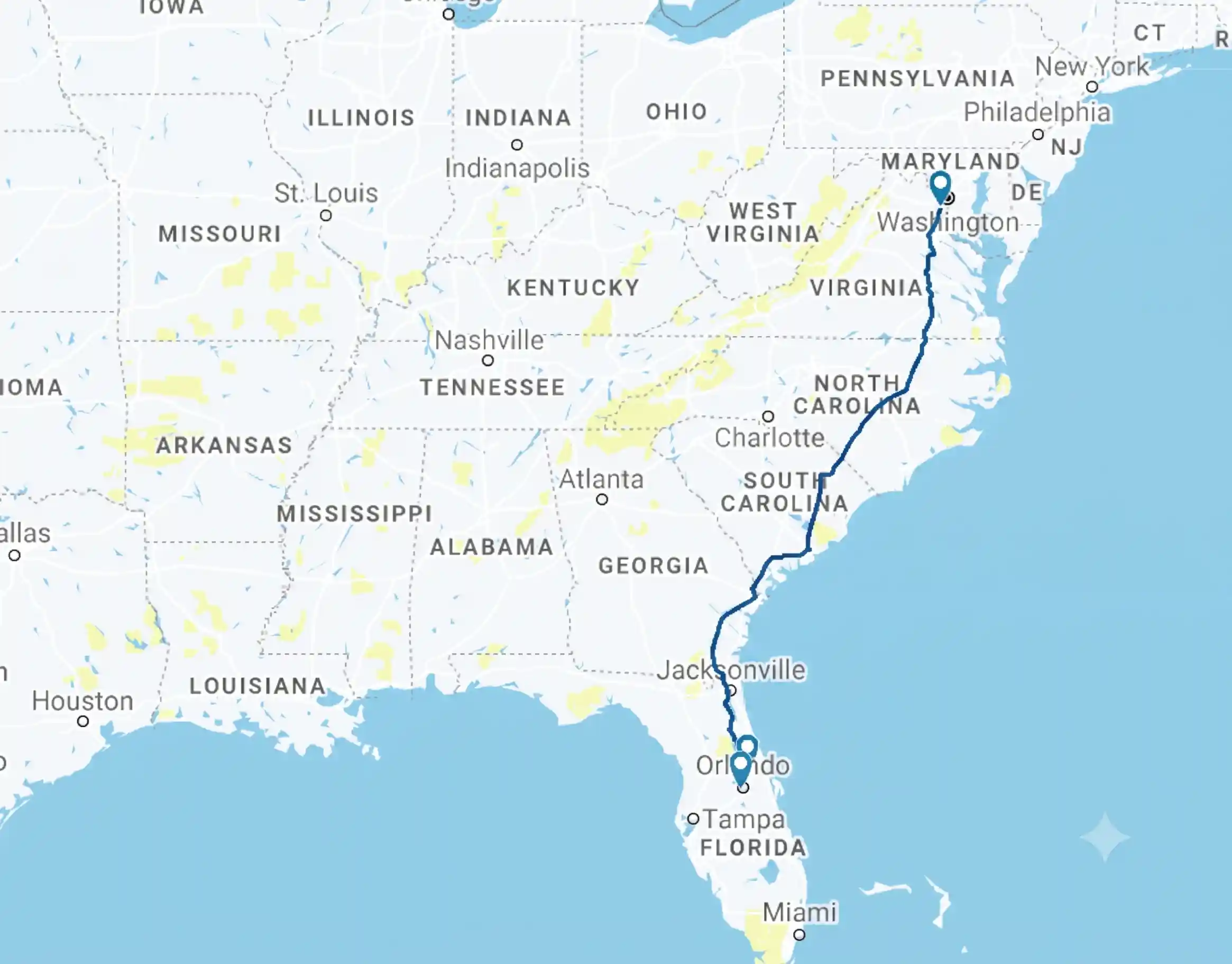 Amtrak Auto Train Route Map showing Lorton VA and Sanford FL non-stop path