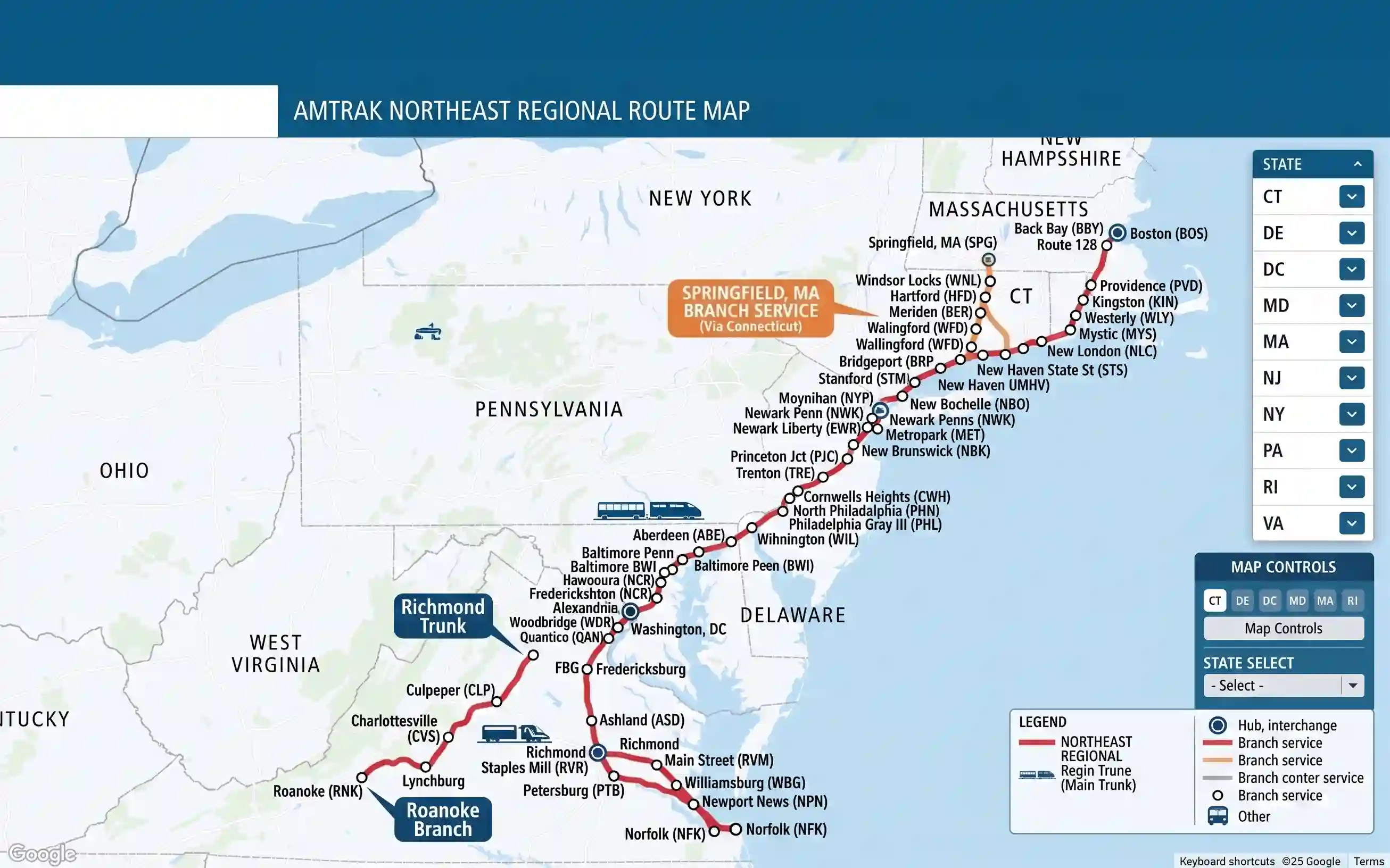 Amtrak Northeast Regional Train Route Map and Station Stops