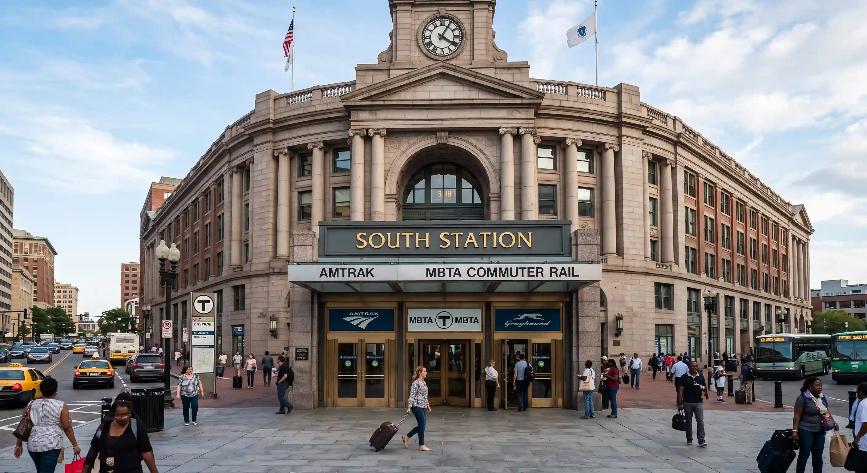 Boston South Station exterior and train platform for Northeast Regional departures