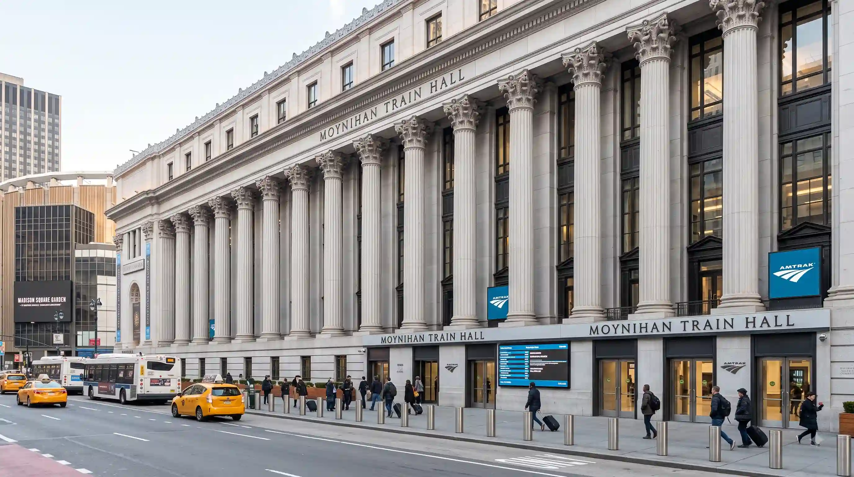 Moynihan Train Hall entrance at New York Penn Station for Amtrak passenger boarding