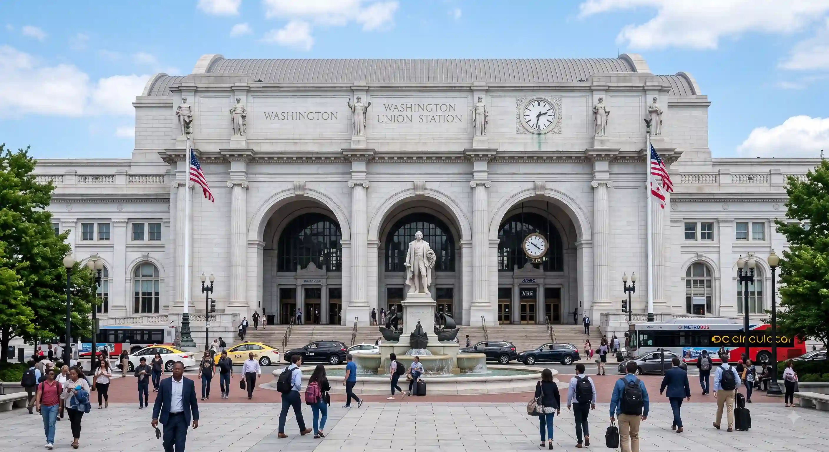 Washington D.C. Union Station facade and passenger rail platforms